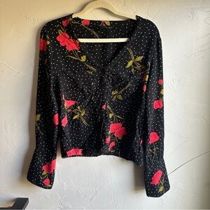Volcome Black and‎ White Polka Dot Red Rose Button Up Top Size XS Shorter Length